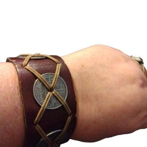 Brown Faux Leather Coin &Twine Accents Cuff Bracelet with Snap Closures